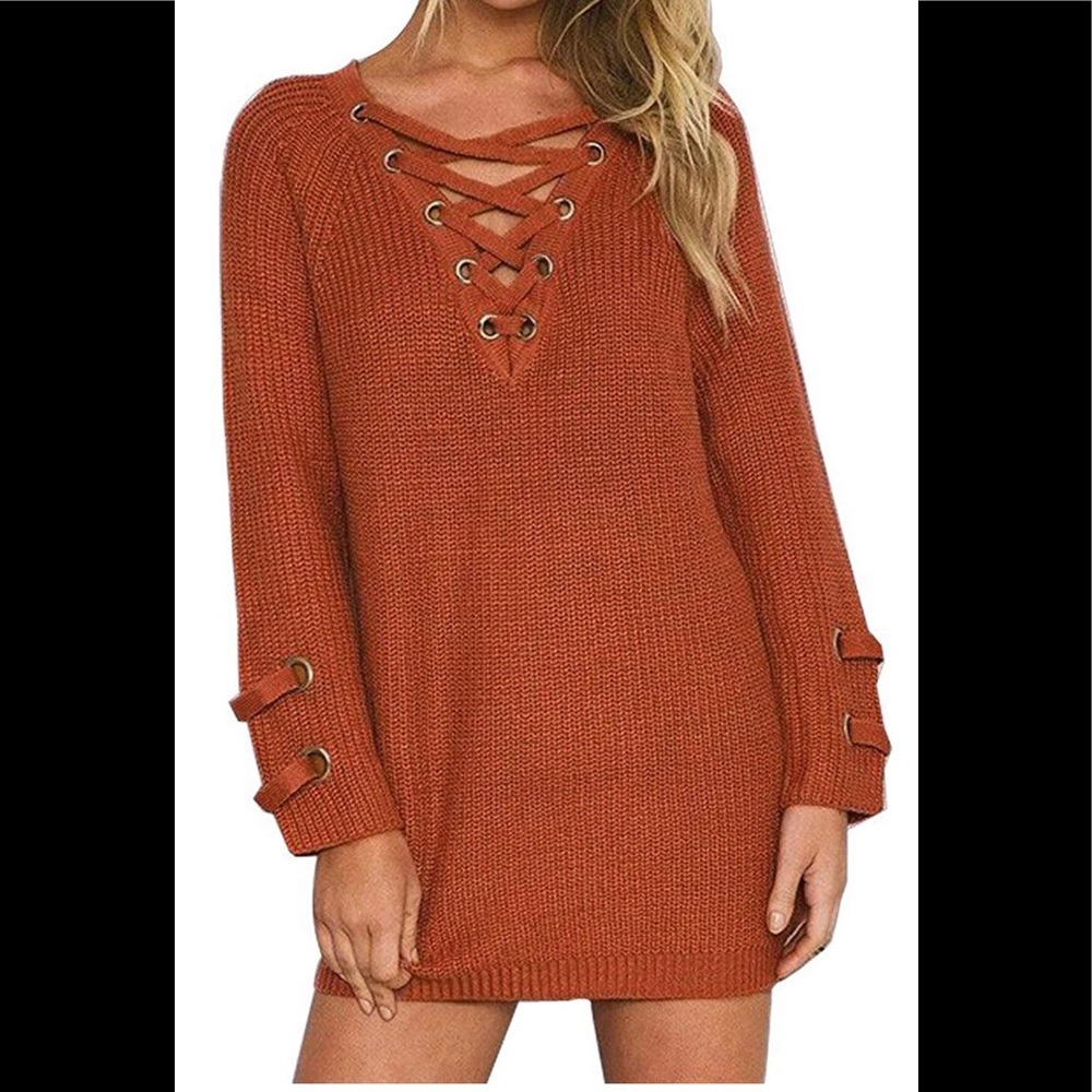 Lace Up Front V Neck Knit Pullover  Mini Dress Top
